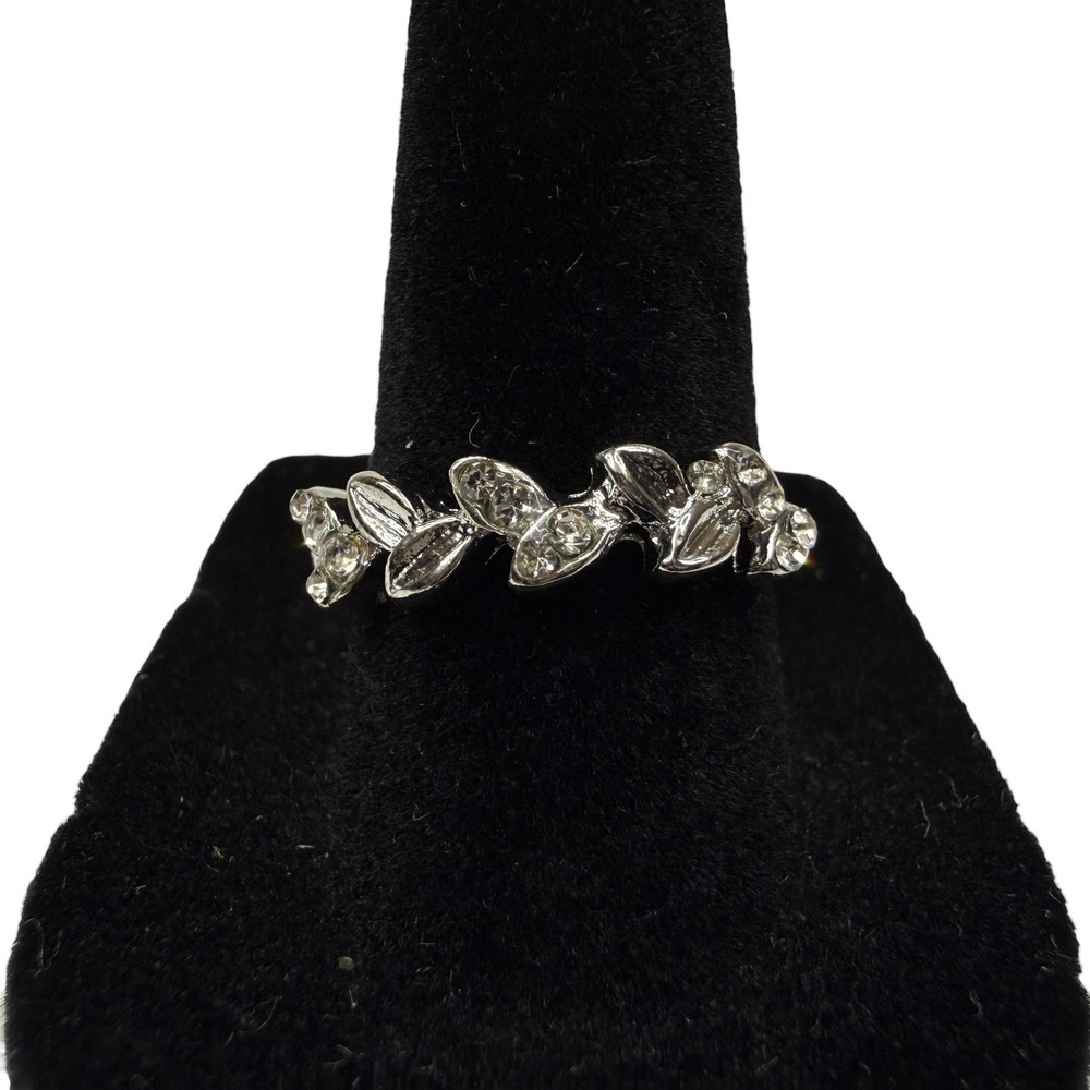 Silver Tone Leaf Vine Crystal Ring Clear Gem Stones Fashion Jewelry Size 8